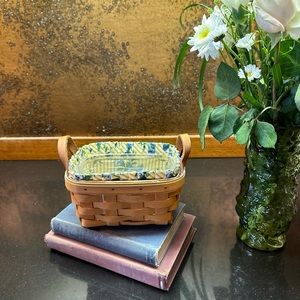 Longaberger Small Rectangular Basket Rose Trellis Liner Leather Handles 1997